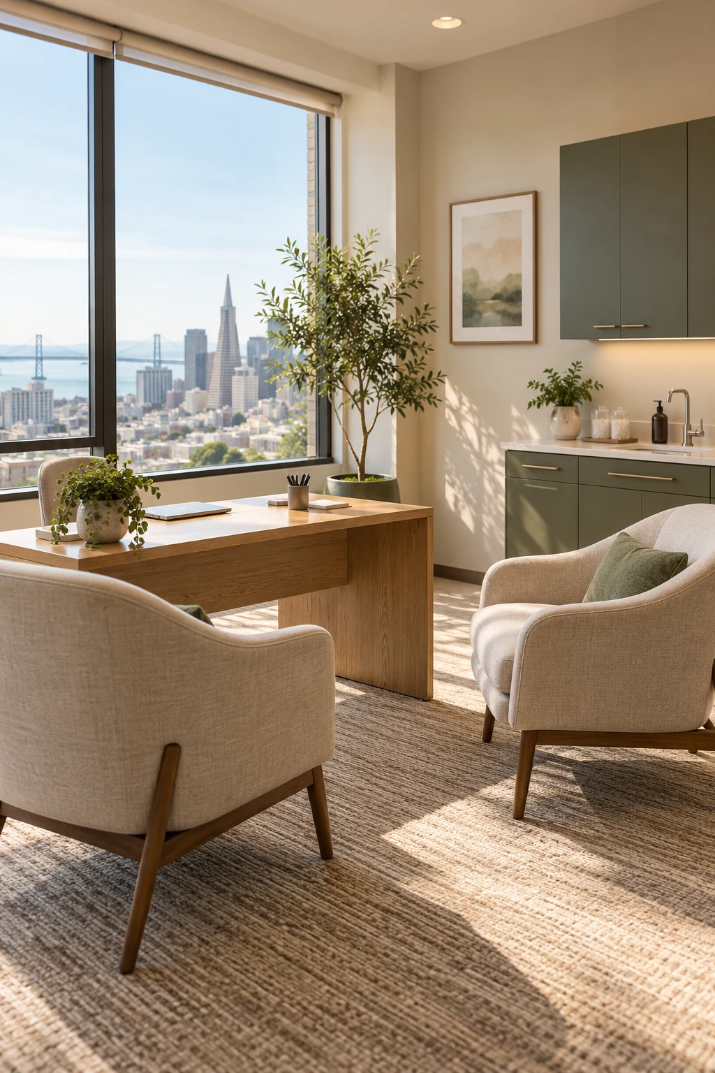 Illustrative consultation room with comfortable seating and soft natural light